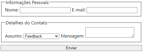 Formulário de contato completo utilizando as principais tags para formulário html, utilizando também o fieldset e legend para torna-lo mais acessível.