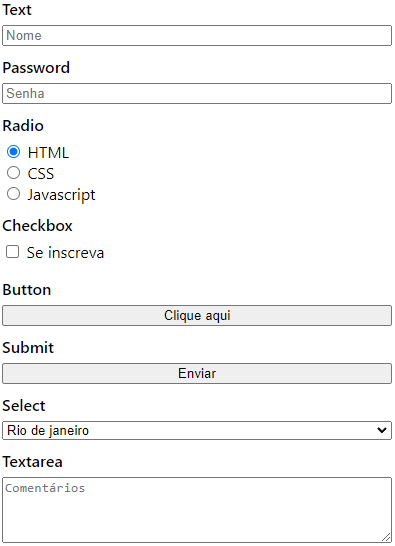 Exemplo de formulários html com os principais tipos de inputs